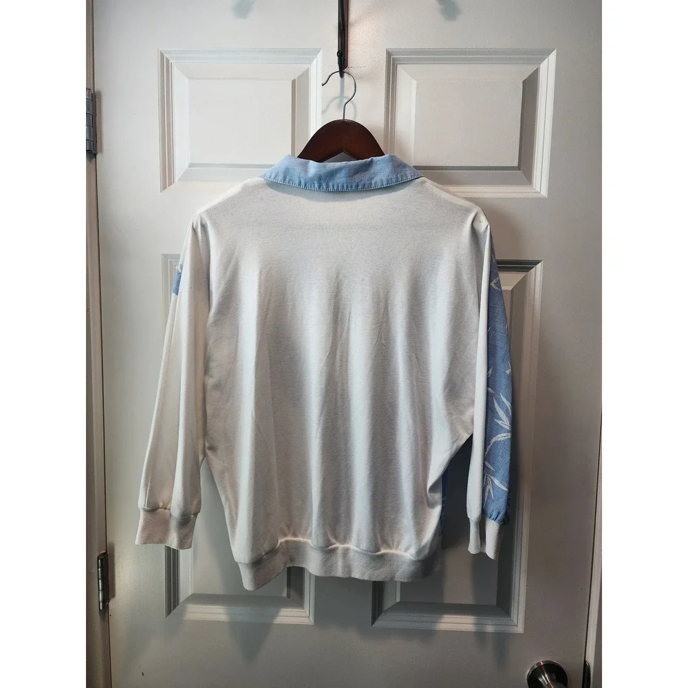 Vintage 80s GW/Graff Bamboo Print  Pullover Top Blue White Ladies M Made in USA